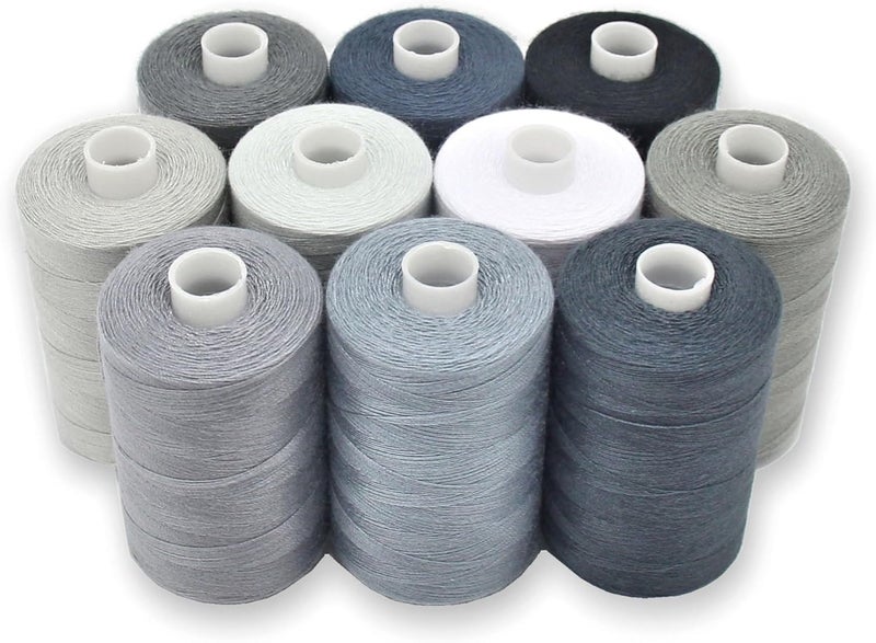 BlesSew Gray Sewing Threads - 10 Large Spools of Polyester Thread for Hand, Quilting & Sewing Machine - Grey Shades Plus Black & White - 1000 Yards Per Spool - Image 1
